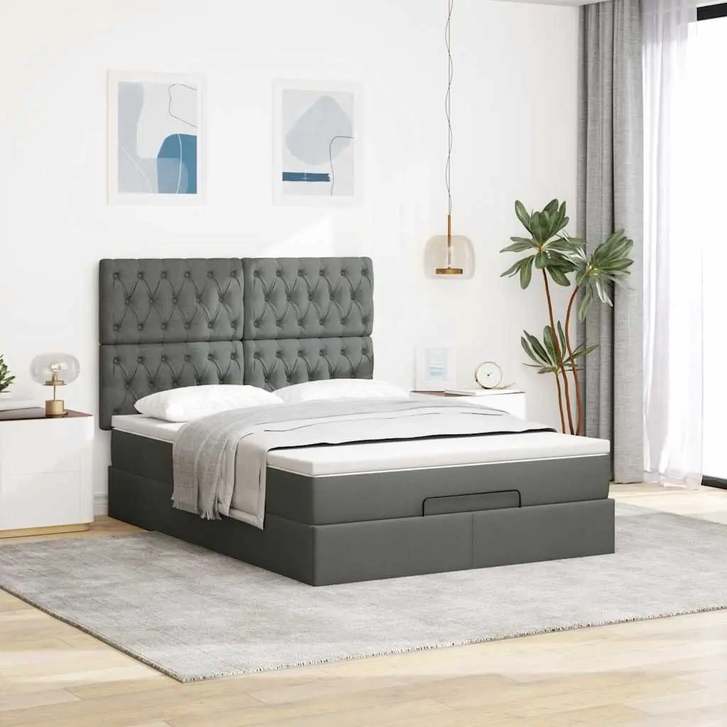 Ottoman Bed Pocket Spring Mattress LED Lights Storage Queen Grey Fabric