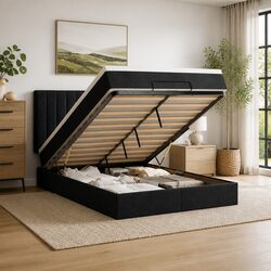 Queen Ottoman Bed with Pocket Spring Mattress LED Lights Storage Black Fabric