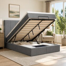 Ottoman Bed King Single Grey Fabric with Pocket Spring Mattress LED Lights