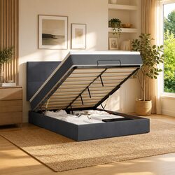 Double Ottoman Bed with Pocket Spring Mattresses LED Lights Grey Velvet Storage
