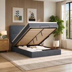 Ottoman Bed Queen with Pocket Spring Mattress Topper Storage Velvet Grey LED