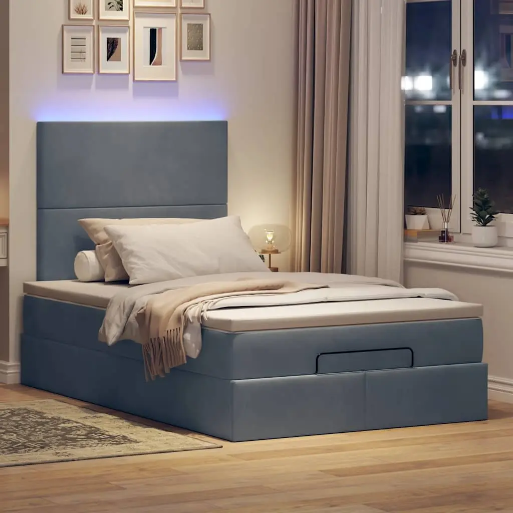 Ottoman Bed with Mattress LED Lights King Single Velvet Storage Bed Frame Grey