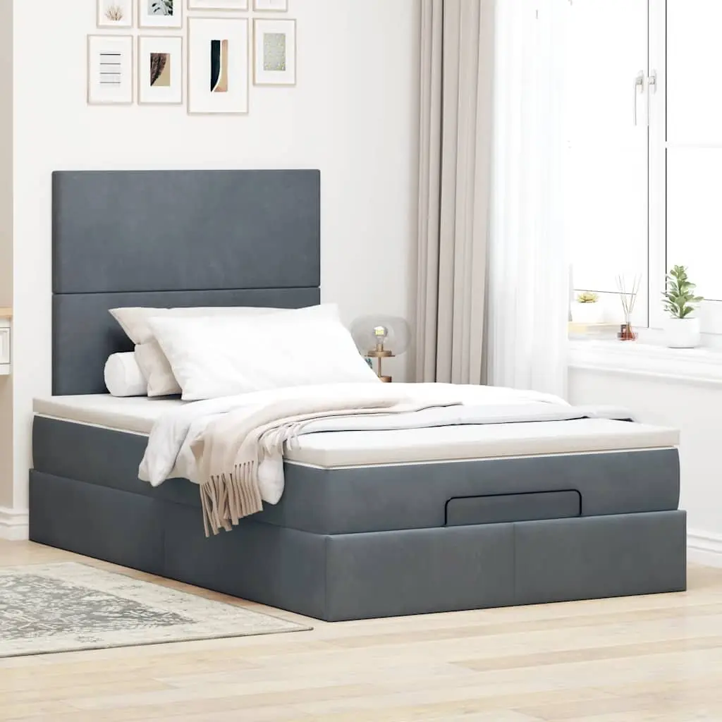 Ottoman Bed with Mattress LED Lights King Single Velvet Storage Bed Frame Grey