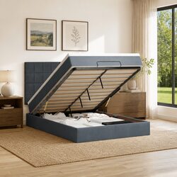 Ottoman Bed Double Grey Velvet with Pocket Spring Mattresses & Adjustable LED