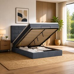 Ottoman Bed with Pocket Spring Mattress Topper LED Lights Grey Velvet Queen
