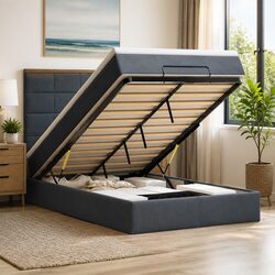 Ottoman Storage Bed King Single Grey Velvet with Pocket Spring Mattresses LED