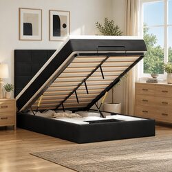 Ottoman Bed King Single with Pocket Spring Mattresses LED Lights Black Velvet