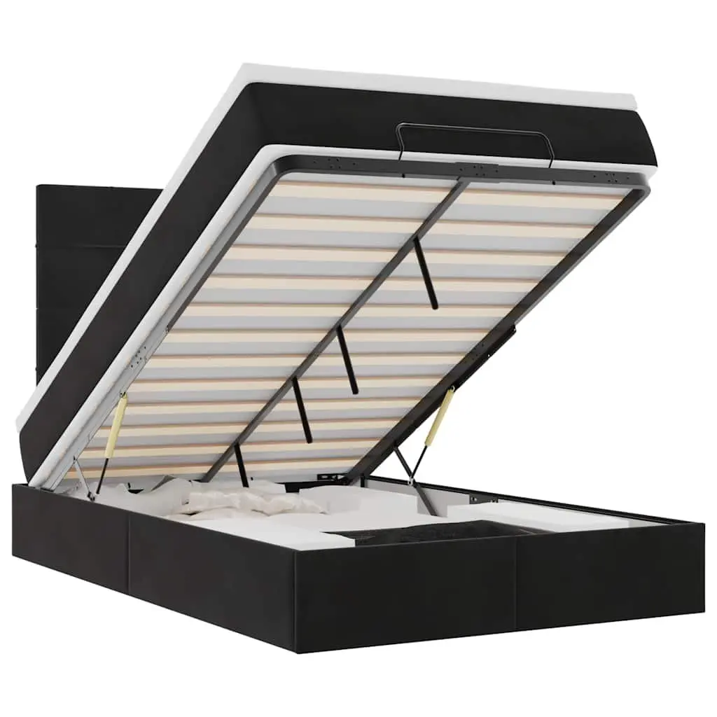 Ottoman Bed King Single with Pocket Spring Mattresses LED Lights Black Velvet