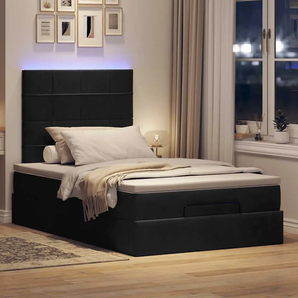 Ottoman Bed King Single with Pocket Spring Mattresses LED Lights Black Velvet