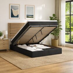 Queen Ottoman Bed with Pocket Spring Mattress Topper LED Lights Black Velvet