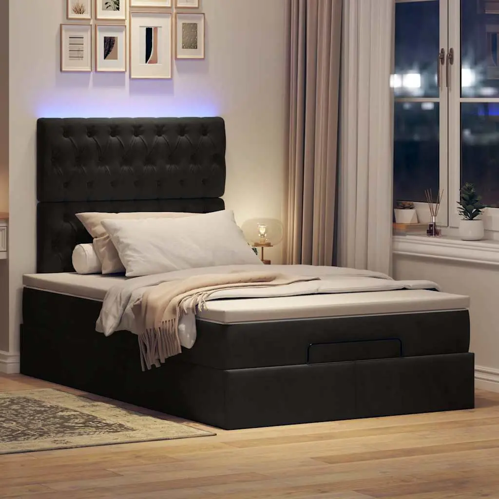 Ottoman Bed with Pocket Spring Mattresses LED Lights King Single Black Velvet