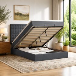 Ottoman Bed with Pocket Spring Mattresses LED Lights Grey Double Velvet Storage