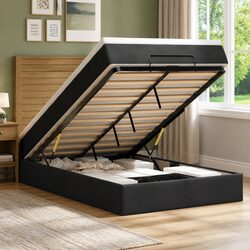 Ottoman Bed with Pocket Spring Mattresses & LED Lights King Single Black Velvet
