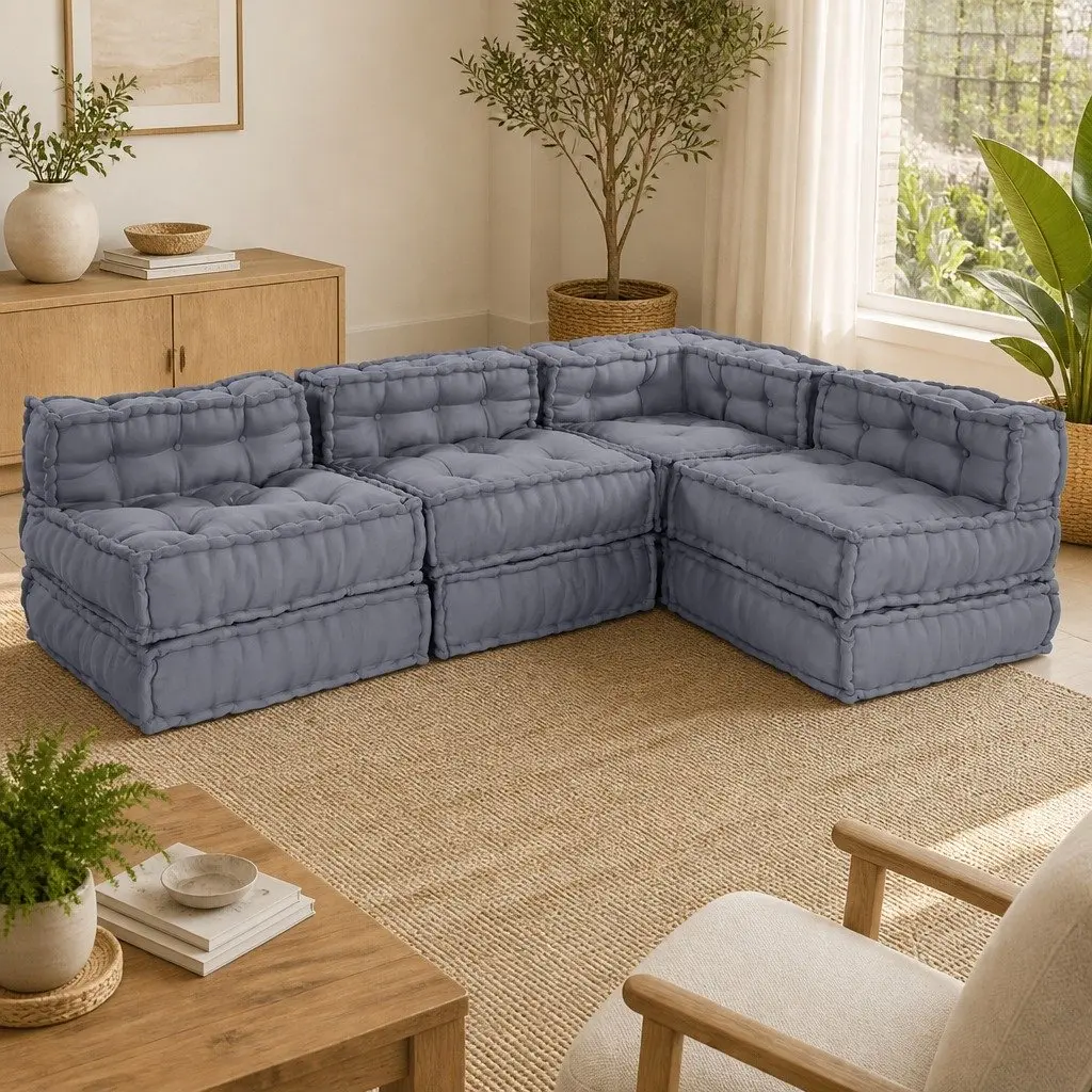 Modular Sofa Unit Fabric Grey 210 x 140 x 56 cm Indoor Outdoor Lounge Seating