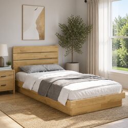 Solid Wood Oak Bed Frame 90x190 cm with Headboard Low Floor Slatted Base