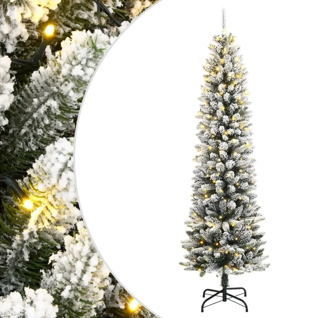 Artificial Christmas Tree 150cm 150 LEDs Flocked Snow Green Slim Bushy Holiday