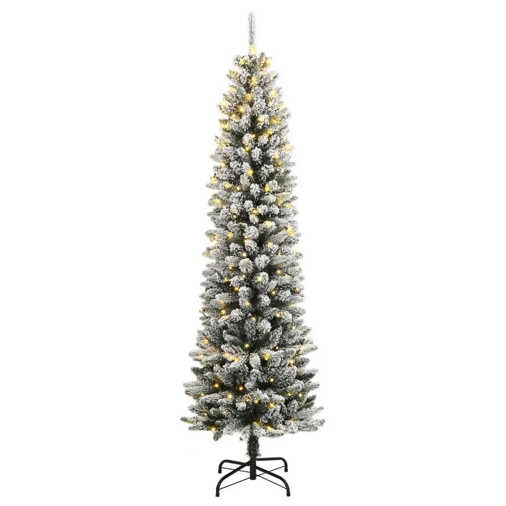 Artificial Christmas Tree 150cm 150 LEDs Flocked Snow Green Slim Bushy Holiday