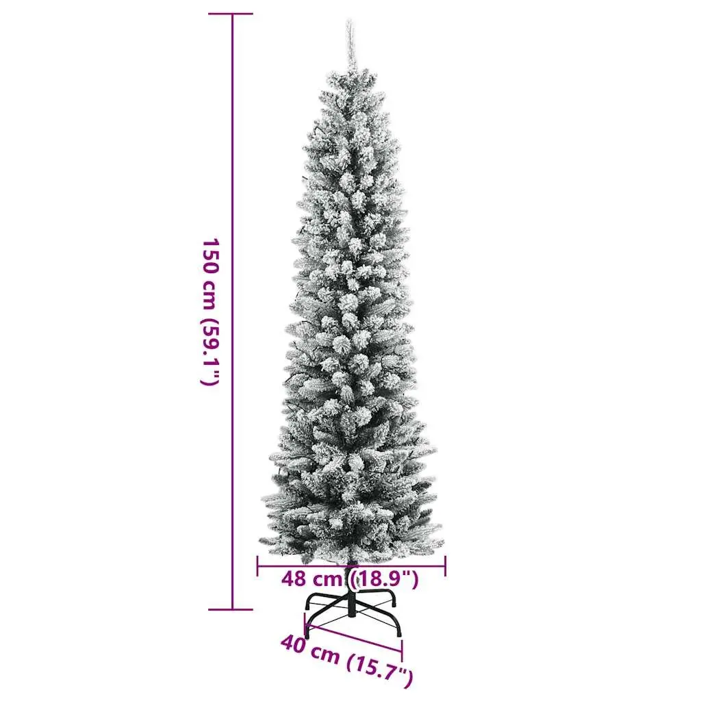 Artificial Christmas Tree 150cm 150 LEDs Flocked Snow Green Slim Bushy Holiday