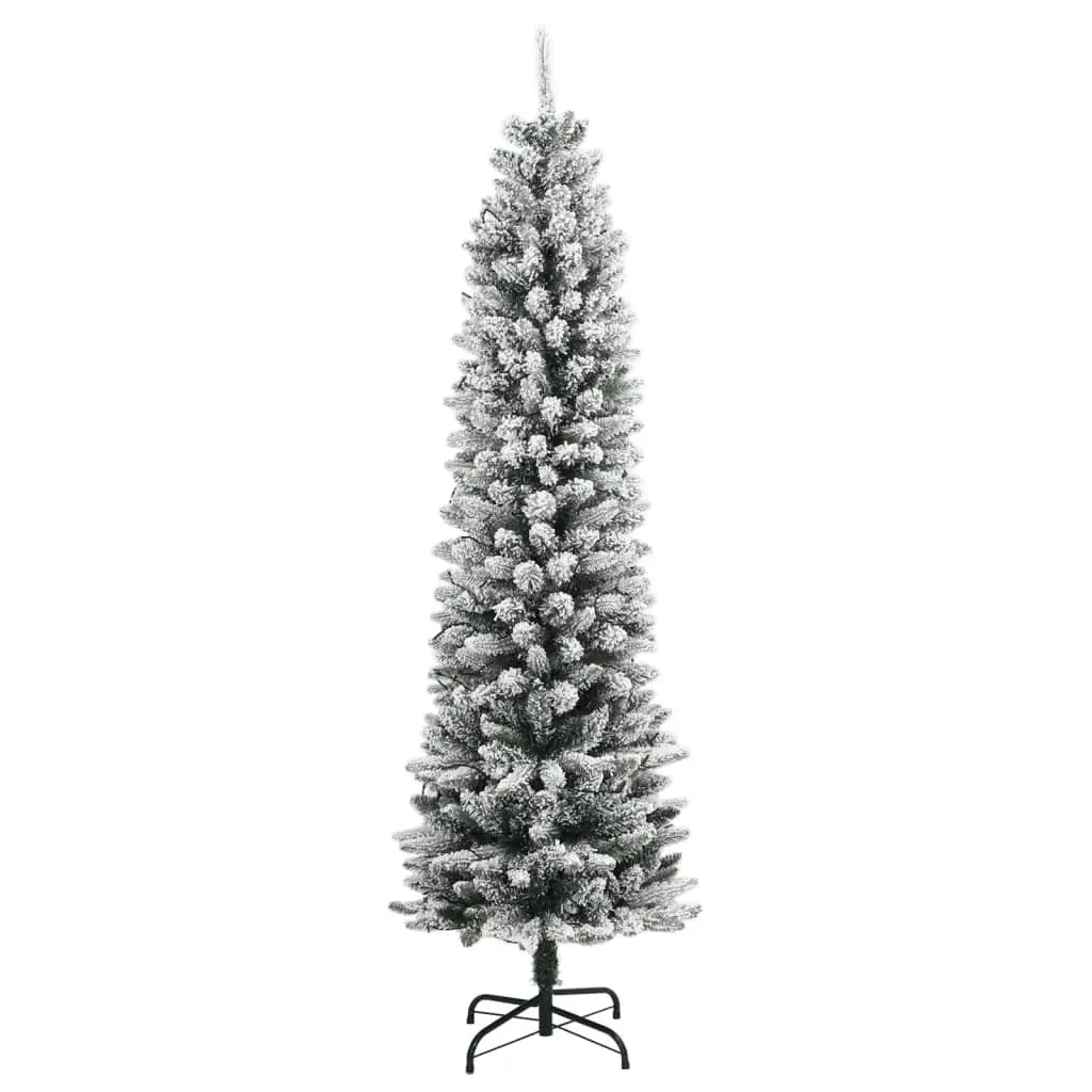 Artificial Christmas Tree Slim 210cm Green Flocked Snow 300 LEDs Holiday Decor