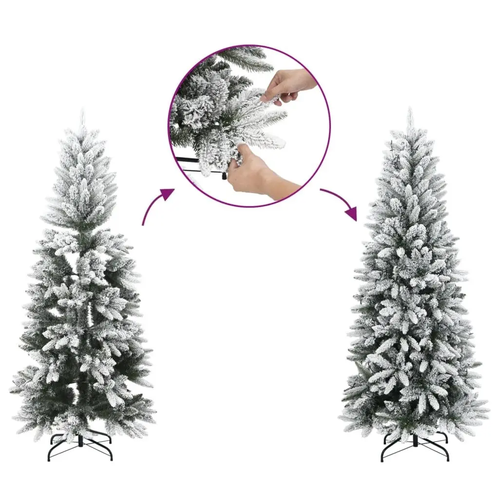 Artificial Christmas Tree Slim 210cm Green Flocked Snow 300 LEDs Holiday Decor