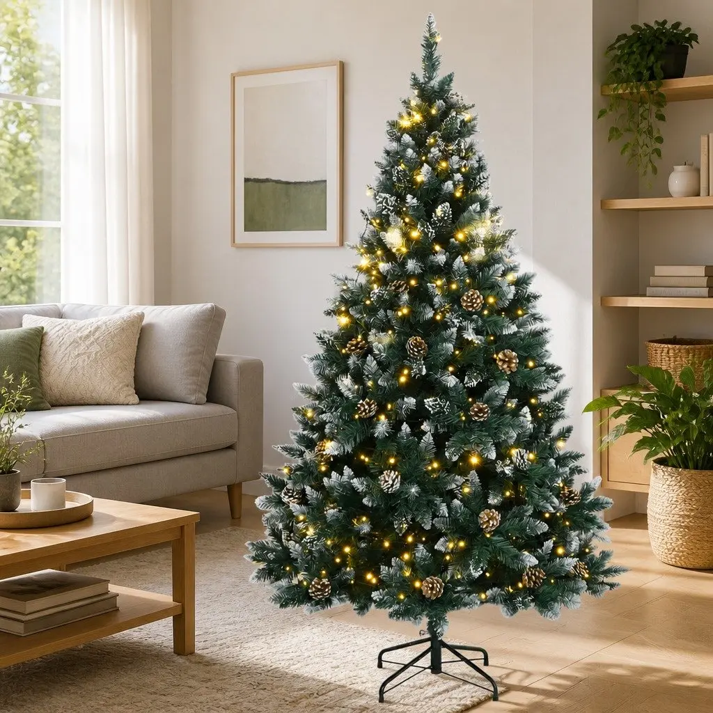 Artificial Christmas Tree 210cm Green PVC Hinged Branches 300 LED Lights