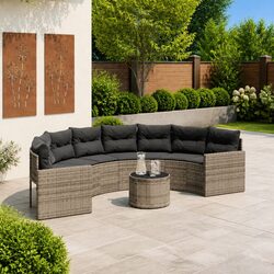 Half-Round Garden Sofa Set with Table Grey Poly Rattan Outdoor Patio Furniture