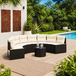 Half-Round Garden Sofa Set with Coffee Table Black Poly Rattan Outdoor Patio
