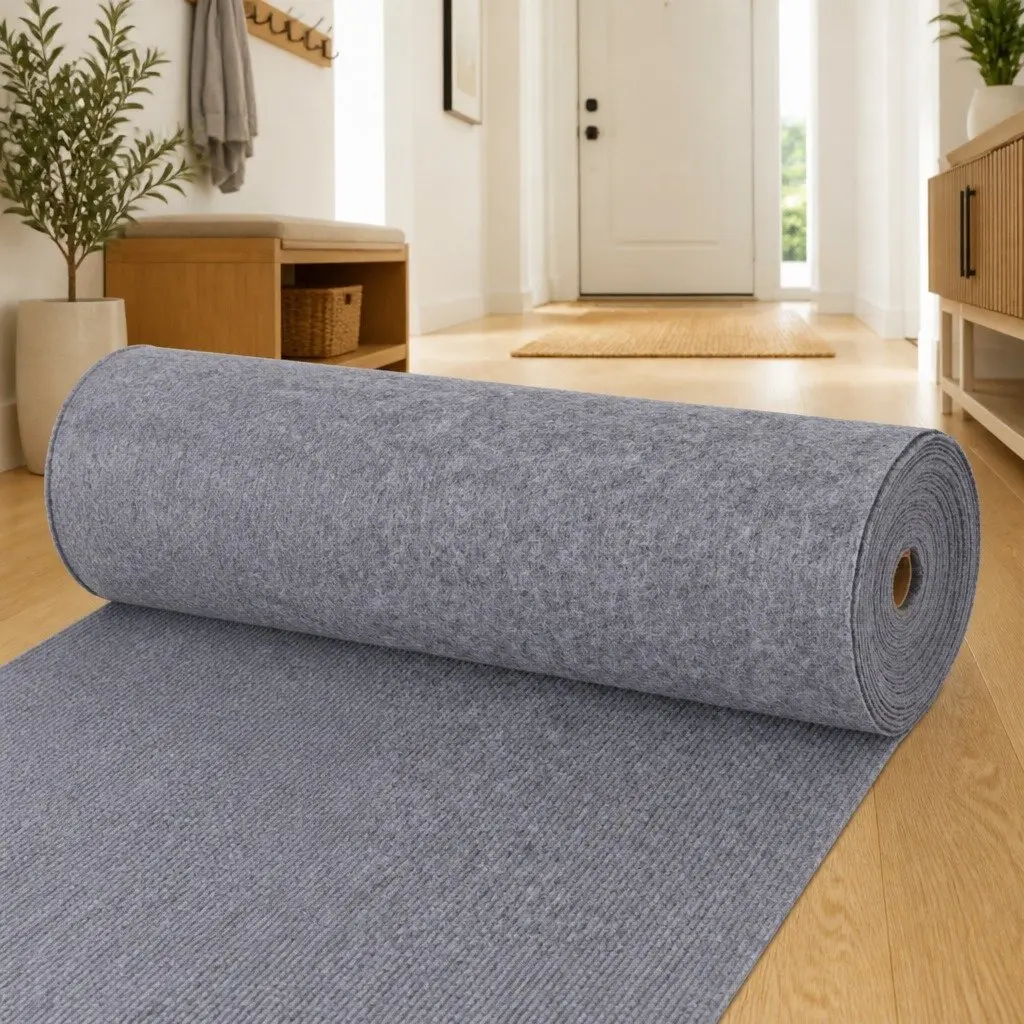 Runner Rug Grey 1.2 x 10m Polyester Hallway Entryway Indoor Outdoor Ribbed