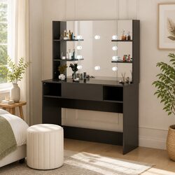Black Makeup Vanity Table with LED Lights Mirror Dressing Station Bedroom