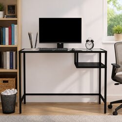 Computer Desk Black Glass Steel Frame Modern Office Home Study Writing Table