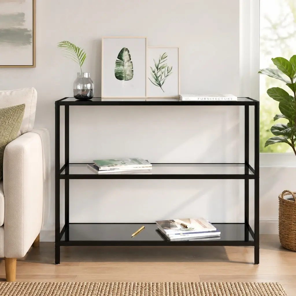 Corner Shelf Unit Tempered Glass Black Iron Frame Storage Display Furniture