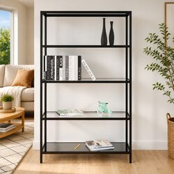 Tempered Glass Shelf Black Storage Display Bookcase Standing Shelving Unit