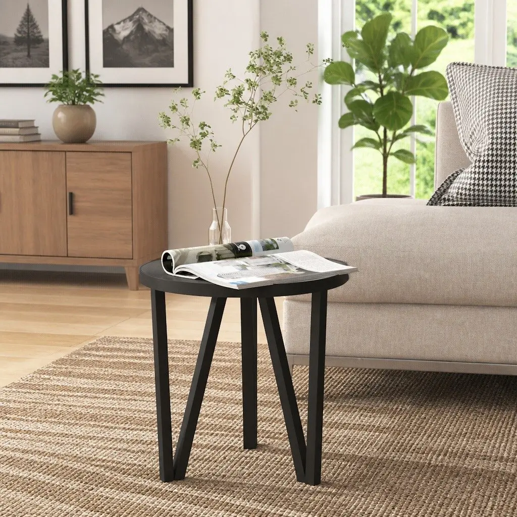Round Tea Table Black Side End Table MDF Tabletop Contemporary Home Furniture