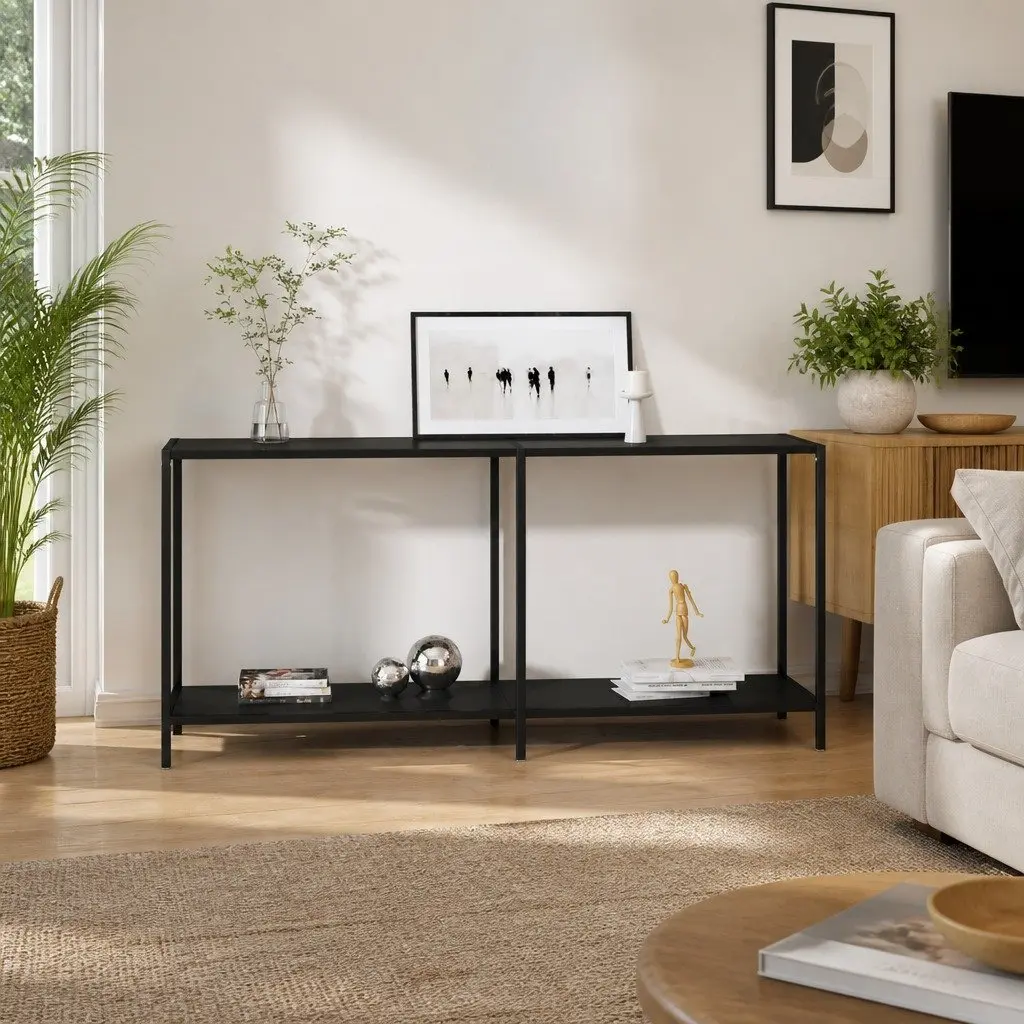 Console Table Tempered Glass Top Black Powder-Coated Steel Frame with Shelf