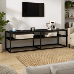 TV Cabinet Black Marble Tempered Glass Shelving Unit Living Room Entertainment