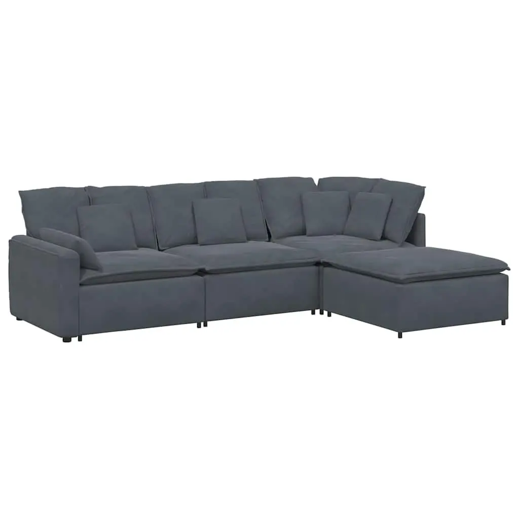 Modular Sectional Sofa Grey Velvet Four Sections with Footstool