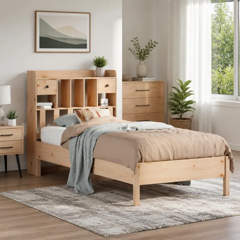 Bookcase Bed Frame Solid Pine Wood Integrated Storage 90x190cm Brown