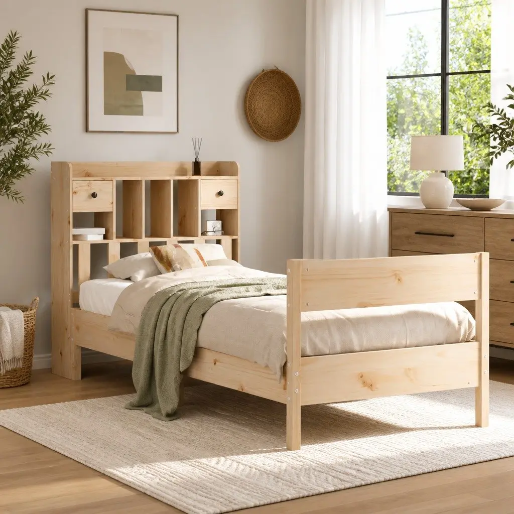 Bookcase Bed Frame Solid Pine Wood 90x190cm Brown