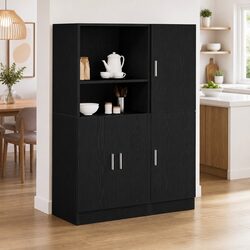 2 Piece Kitchen Cabinet Set Black Wall Mounted Storage Shelves Cupboard Unit