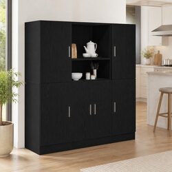 3 Piece Black Kitchen Cabinet Set Wall Mount Storage Shelving Engineered Wood