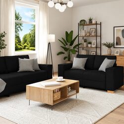 3 Piece Sofa Set Black Linen-Blend Fabric Living Room Furniture 2-Seater Chair