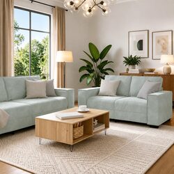 3 Piece Sofa Set Grey Linen-Blend Living Room Furniture Armchairs Two-Seater