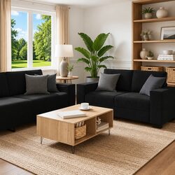 3 Piece Sofa Set Black Velvet Upholstered Lounge Suite Living Room Furniture
