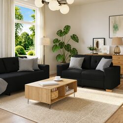 Modern 3-Piece Sofa Set Black Sectional Linen-Blend Living Room Furniture
