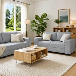 3 Piece Sofa Set Grey Fabric Lounge Suite Living Room Furniture Armrests