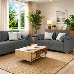 3-Piece Sofa Set Grey Linen-Blend Living Room Furniture Modern Style Armrest