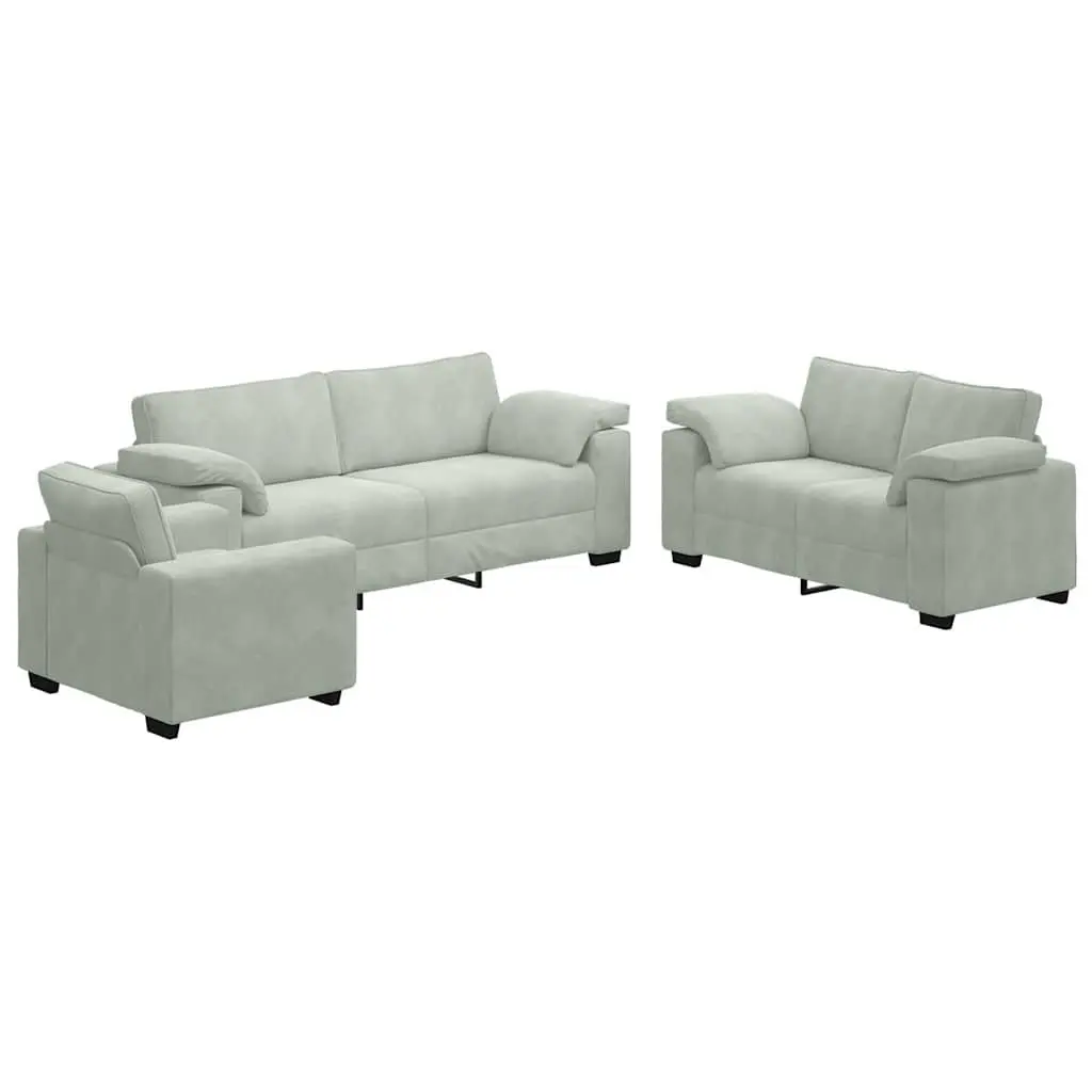3 Piece Sofa Set Grey Velvet Lounge Couch with Cushions Living Room Furniture