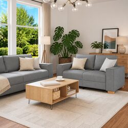 2 Piece Sofa Set Grey Fabric Living Room Lounge Couch with Cushions Armrests