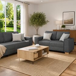 2 Piece Grey Sofa Set with Cushions Living Room Lounge Furniture Couch