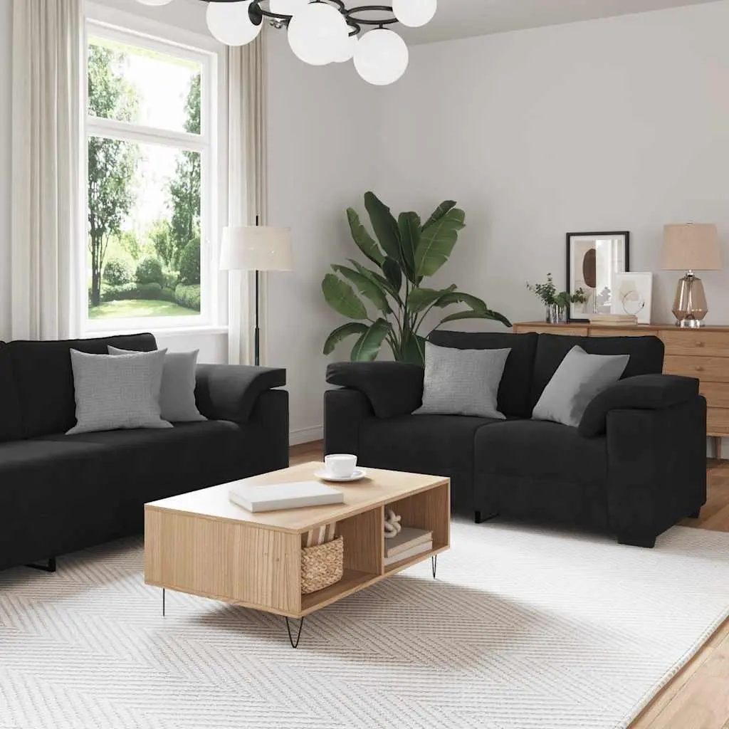 2 Piece Sofa Set Soft Velvet Upholstered Black with Cushions Armrests